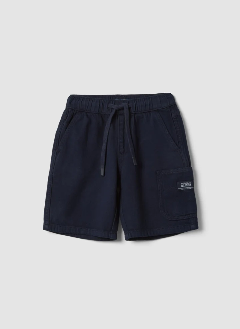 او في اس OVS Boys' Blue Pure Cotton Cargo Shorts With Drawstring, Regular Fit