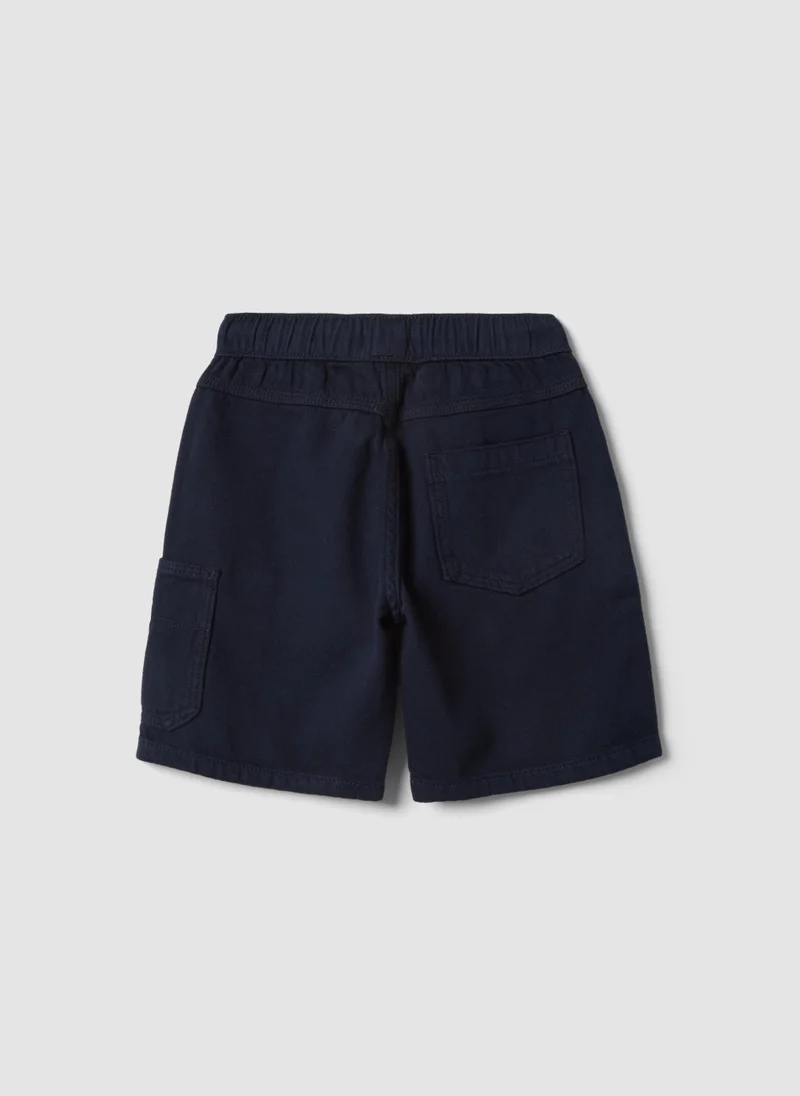 او في اس OVS Boys' Blue Pure Cotton Cargo Shorts With Drawstring, Regular Fit