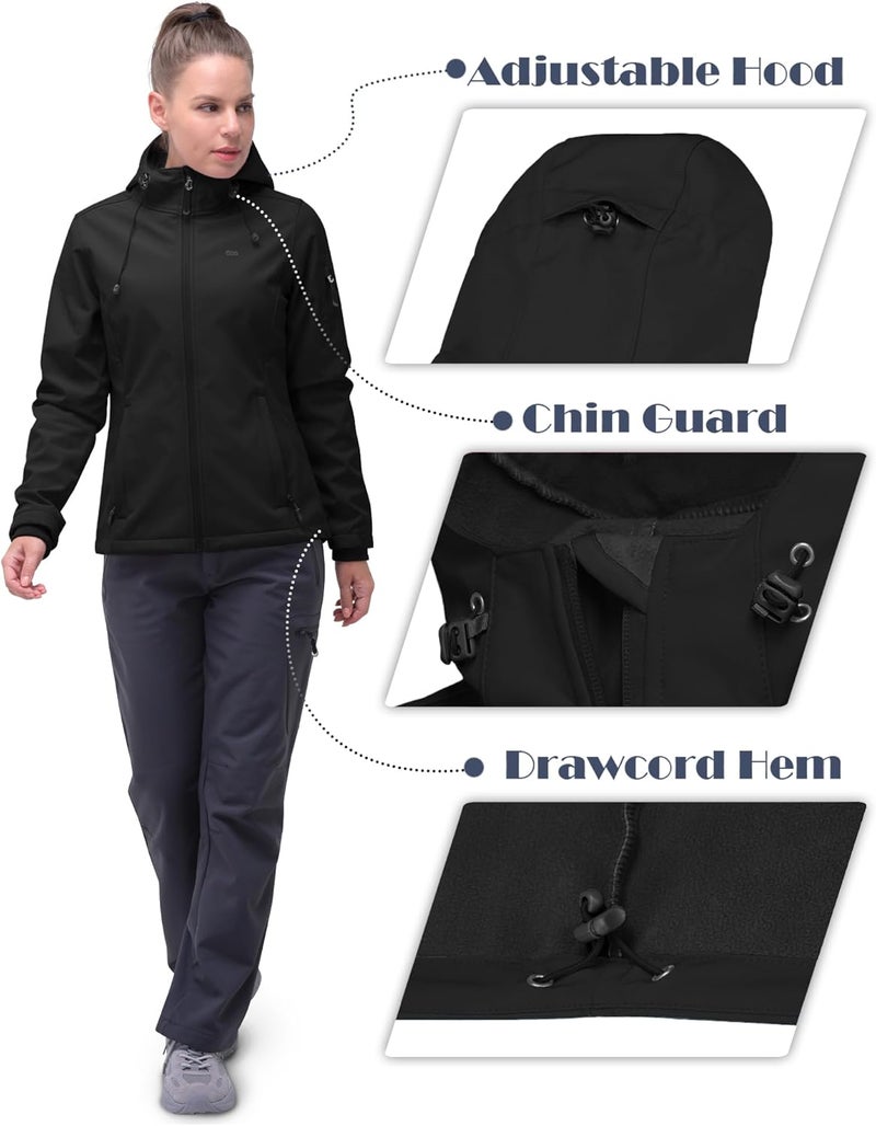 33,000ft Women's Softshell Jacket, Fleece Lined Warm Jacket Light Hooded Windproof Coat for Outdoor Hiking - Black, Size L - Image 5