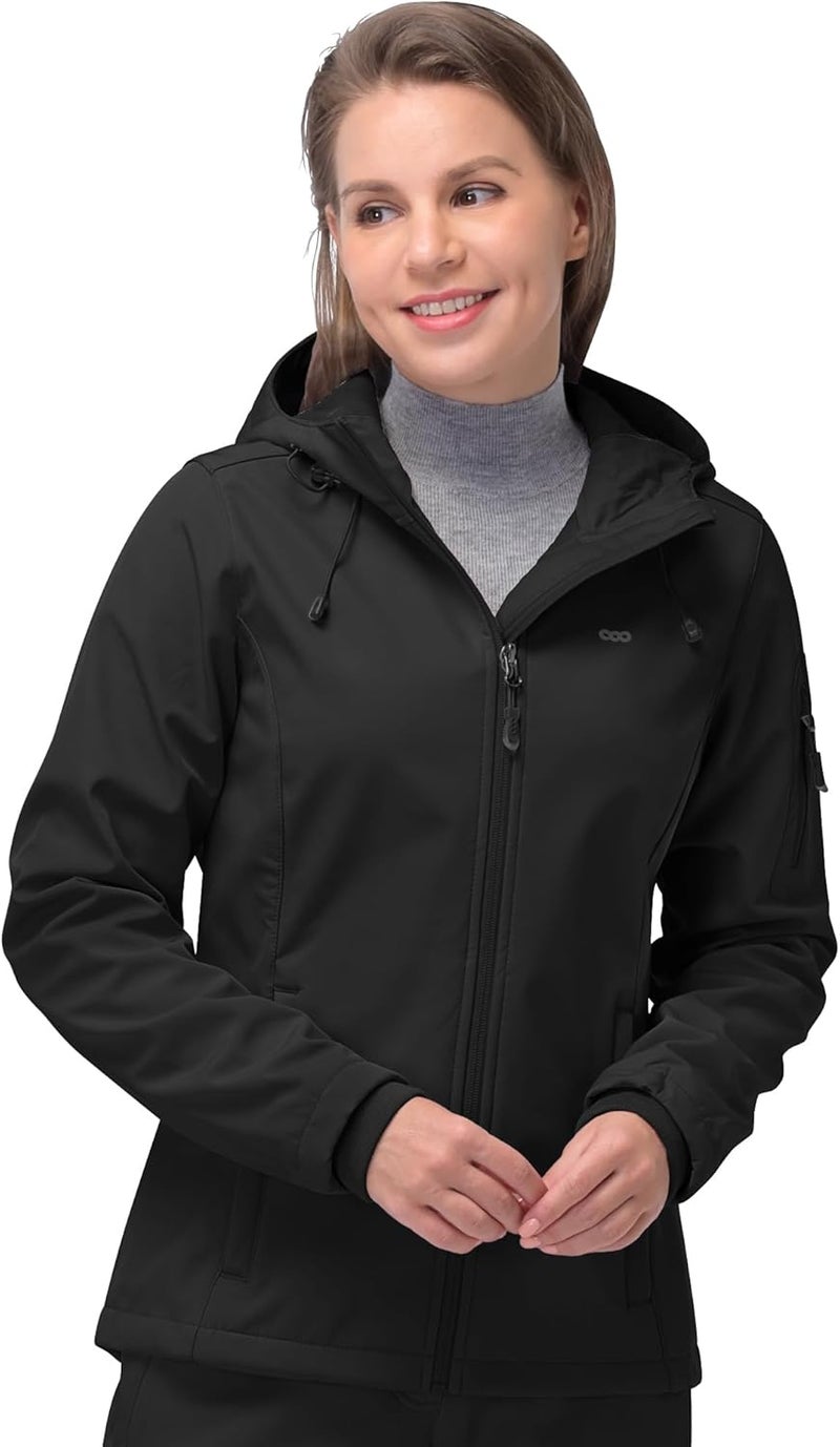 33,000ft Women's Softshell Jacket, Fleece Lined Warm Jacket Light Hooded Windproof Coat for Outdoor Hiking - Black, Size L - Image 1