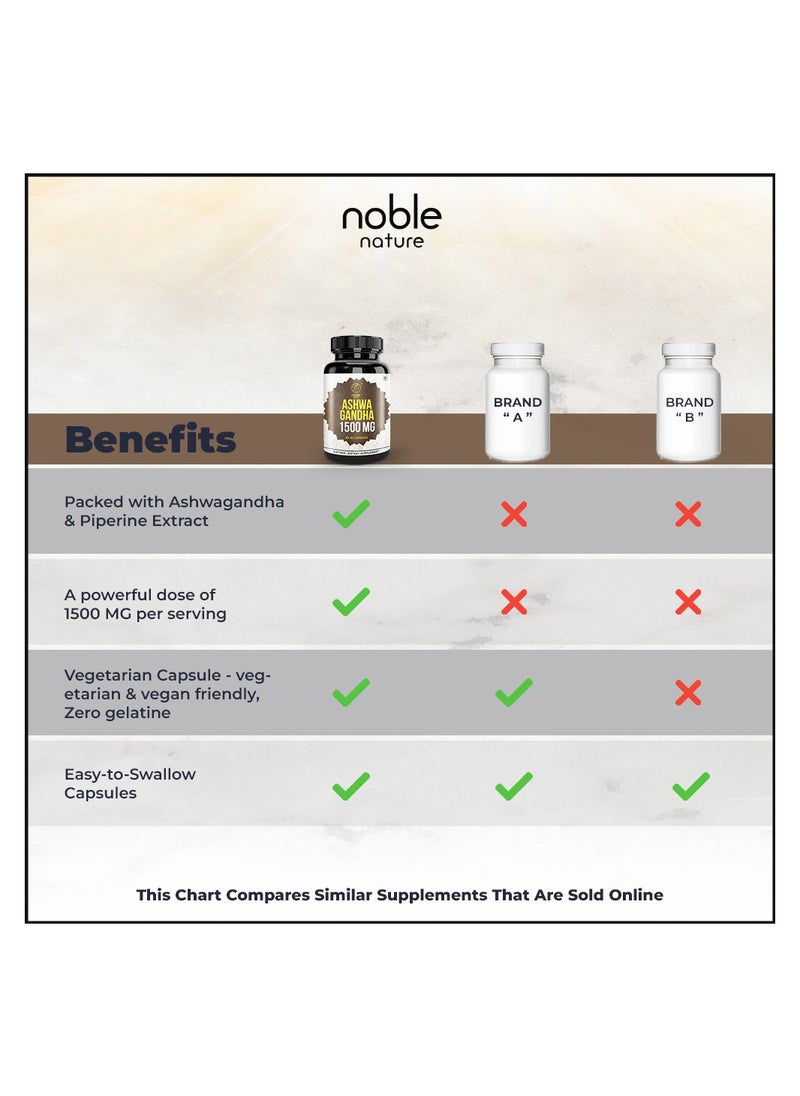 noble nature - Ashwagandha Capsules with Organic Ashwagandha Root Extract Powder & Black Pepper Fruit Extract 1500 MG 60 Veg Capsules - Image 1