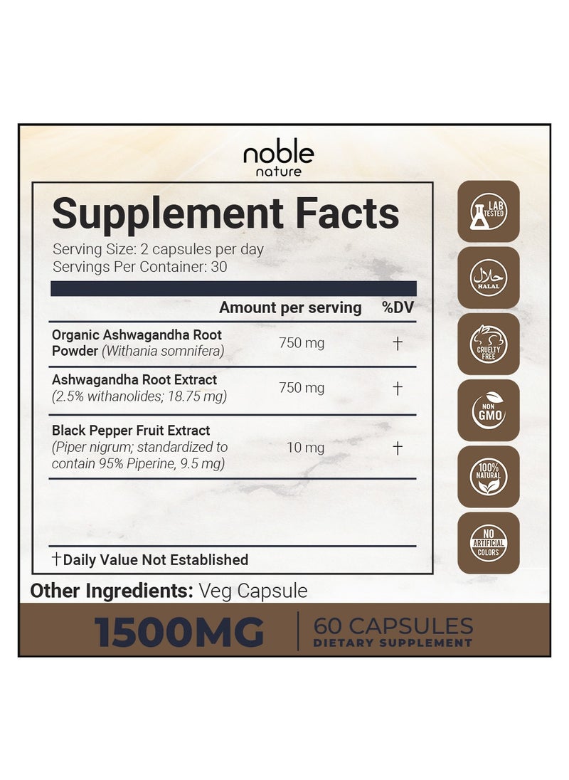 noble nature - Ashwagandha Capsules with Organic Ashwagandha Root Extract Powder & Black Pepper Fruit Extract 1500 MG 60 Veg Capsules - Image 1