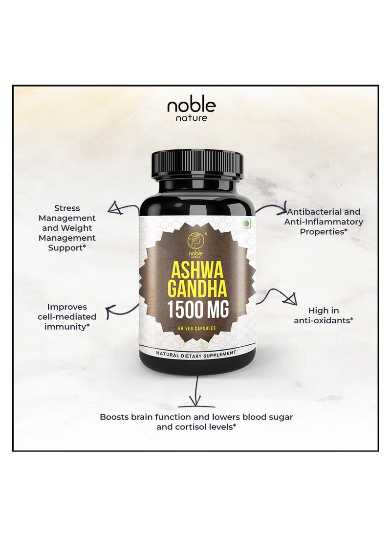 noble nature - Ashwagandha Capsules with Organic Ashwagandha Root Extract Powder & Black Pepper Fruit Extract 1500 MG 60 Veg Capsules - Image 1