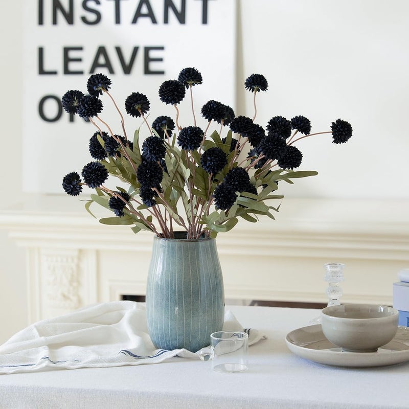 Laelfe Black Kiku Artificial Flower - 5 Pcs Fake Pompon Mums Silk Small Chrysanthemum Faux Ball Flower Stem Decor for Home Wedding Filler DIY Bouquet Centerpieces Arrangements Shower(Black) - Image 2