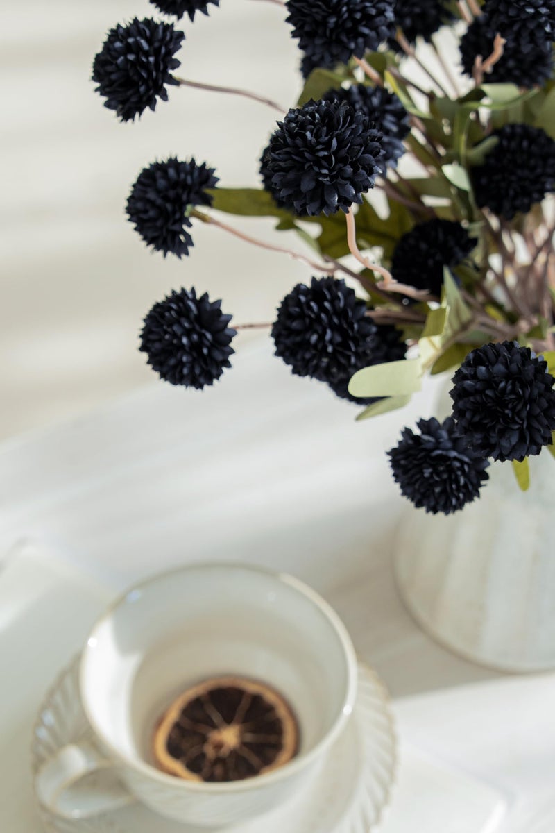 Laelfe Black Kiku Artificial Flower - 5 Pcs Fake Pompon Mums Silk Small Chrysanthemum Faux Ball Flower Stem Decor for Home Wedding Filler DIY Bouquet Centerpieces Arrangements Shower(Black) - Image 5