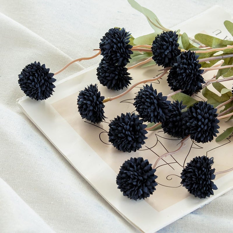 Laelfe Black Kiku Artificial Flower - 5 Pcs Fake Pompon Mums Silk Small Chrysanthemum Faux Ball Flower Stem Decor for Home Wedding Filler DIY Bouquet Centerpieces Arrangements Shower(Black) - Image 3