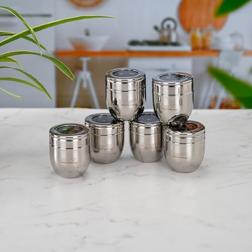Sumeet Stainless Steel Conical Shape Canisters/Dabba/Storage Containers for Kitchen with See Through Lid, Set of 6 Pcs, 150ml Each, 6cm Dia, Silver - Image 1