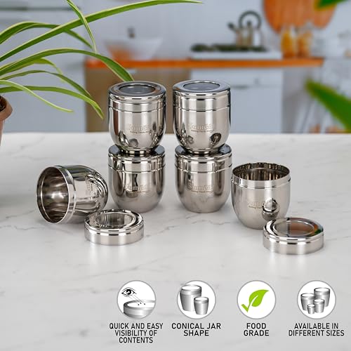 Sumeet Stainless Steel Conical Shape Canisters/Dabba/Storage Containers for Kitchen with See Through Lid, Set of 6 Pcs, 150ml Each, 6cm Dia, Silver - Image 5