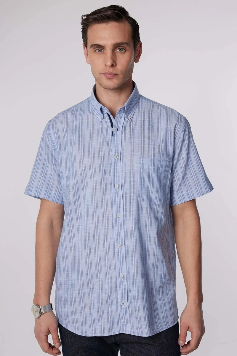 تودورس Classic Fit Short Sleeve Single Pocket Striped Summer Linen Effect Men's Shirt