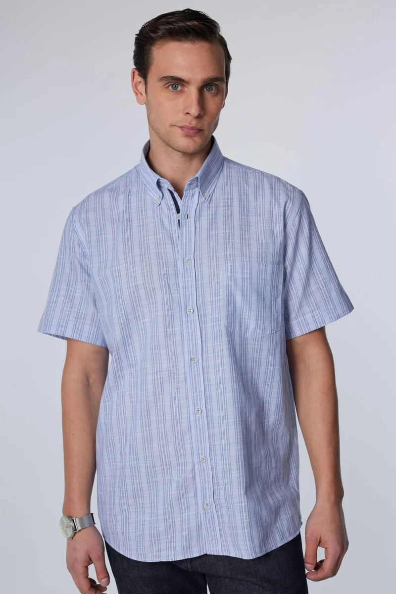 تودورس Classic Fit Short Sleeve Single Pocket Striped Summer Linen Effect Men's Shirt