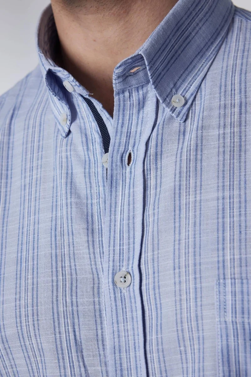 تودورس Classic Fit Short Sleeve Single Pocket Striped Summer Linen Effect Men's Shirt