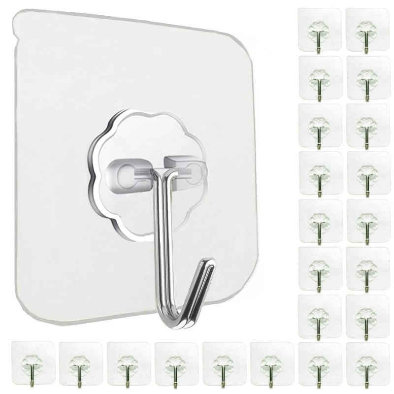 Jwxstore 24 Pack Heavy Duty Self Adhesive Hooks  33lb Max Transparent Waterproof Sticky Wall Hooks for Keys Bathroom Shower Outdoor Kitchen Door Home Improvement Utility