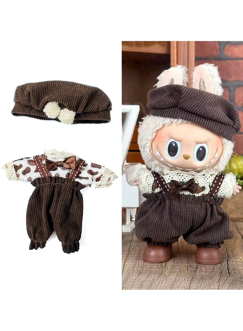 LABUBU Labubu Cookie Master Knit Set with Cap & Bow for 17cm Doll - Cream Sweater + Brown Overalls (Doll/Shoes Not Included) 