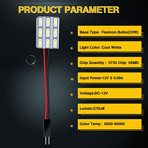 YM EBright EverBrightt 6-Pack Cool White 5730 9SMD Led Panel Dome Light Auto Car Reading Interior Light DC 12V with T10 / BA9S / Festoon Adapters - Image 5