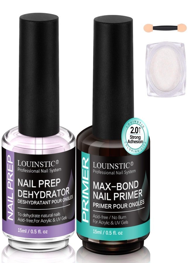 LOUINSTIC Nail Dehydrator & Acid-Free Primer for Acrylic & UV Gel Polish (All Gel Types), with Chrome Powder & Tool. HEMA-Free, No Burn, No Lift, Quick Air Dry, Low Irritant, Salon & Home DIY Nail Use, 2X15mL - Image 1