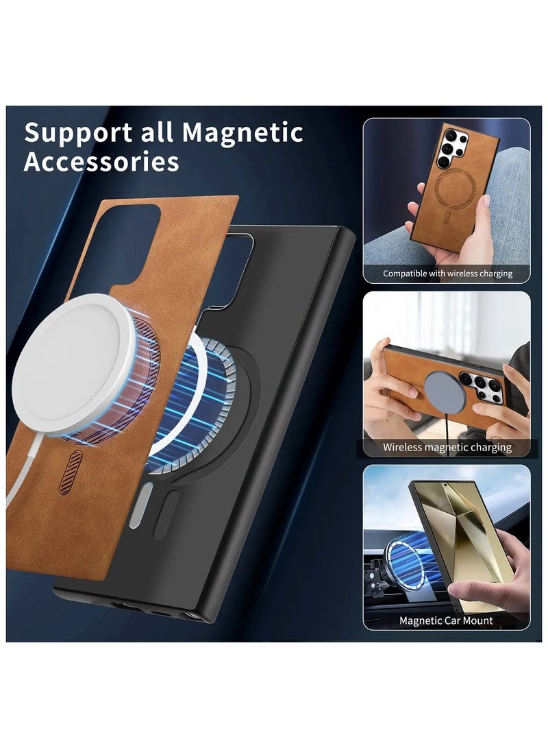 CoomBe for Samsung Galaxy S25 Ultra 5G Protection Case,Luxury Plain Leather Magsafe Magnetic Back Protection Case Magsafe Magnetic Back Dark Brown - Image 3
