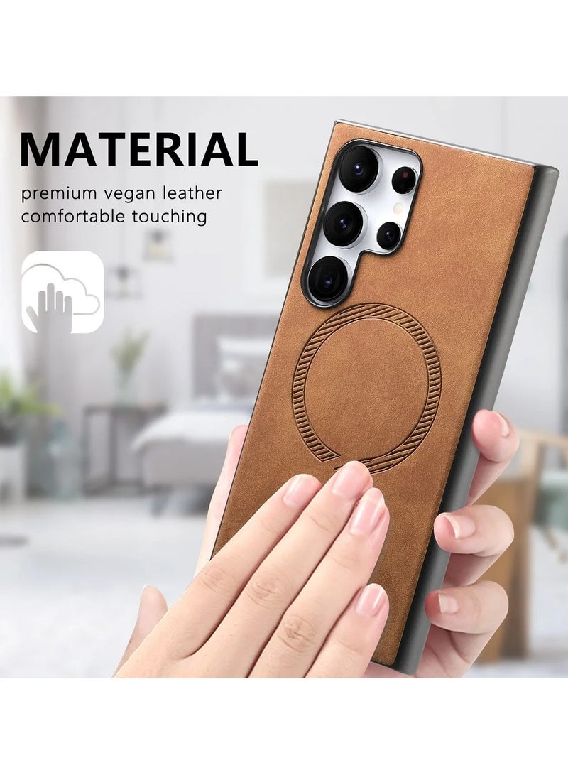 CoomBe for Samsung Galaxy S25 Ultra 5G Protection Case,Luxury Plain Leather Magsafe Magnetic Back Protection Case Magsafe Magnetic Back Dark Brown - Image 4
