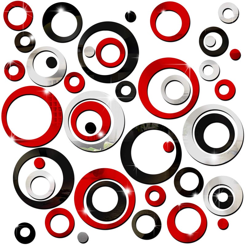 Outus 72 Pieces Wall Stickers Decor Acrylic Circle Mirror Removable Red and Black Wall Decor Round Dots Bulk DIY Red Living Room Decals Modern Art Murals for Home Bathroom Bedroom Decoration - Image 1