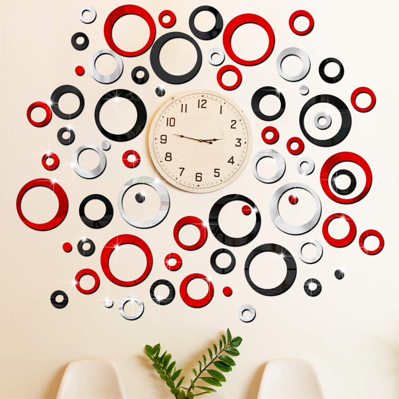 Outus 72 Pieces Wall Stickers Decor Acrylic Circle Mirror Removable Red and Black Wall Decor Round Dots Bulk DIY Red Living Room Decals Modern Art Murals for Home Bathroom Bedroom Decoration - Image 2
