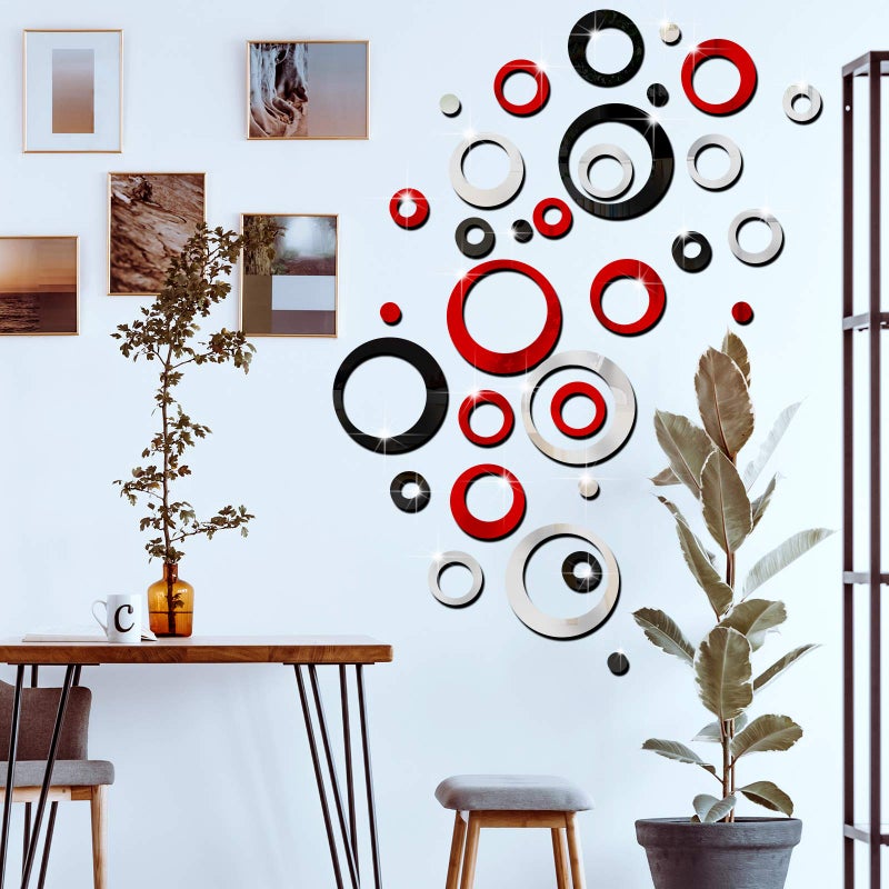 Outus 72 Pieces Wall Stickers Decor Acrylic Circle Mirror Removable Red and Black Wall Decor Round Dots Bulk DIY Red Living Room Decals Modern Art Murals for Home Bathroom Bedroom Decoration - Image 4