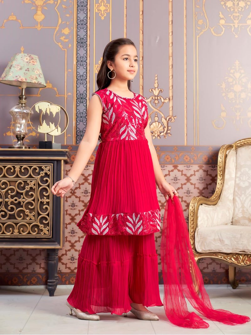 aarikka Aarika Girls Ethnic Wear Rani Colour Sequin Thread Embroidery Georgette Kurti Sharara Set (4-15 Years) - Image 2