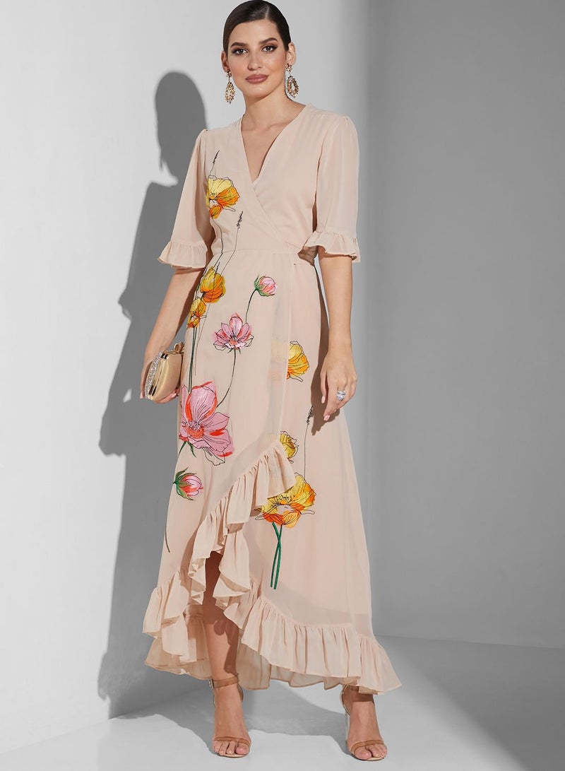 Hope & Ivy Contrast Frill Maxi Wrap Dress With Tie Waist - Image 1