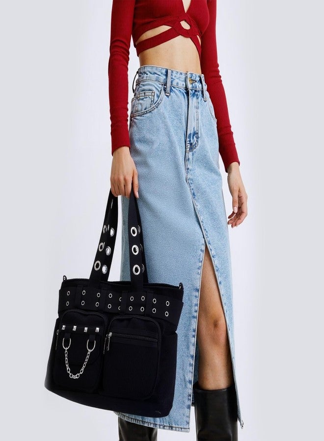 SUKUTU Goth Tote Bag for Women Corduroy Gothic Purse Large Punk Shoulder Bag for College Work Travel - Image 2