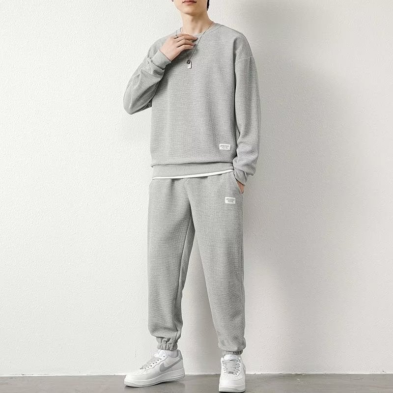 Generic 2023 new casual sports sweater suit mens autumn and winter New Hong Kong style loose waffle round neck sweater Blue - Image 3