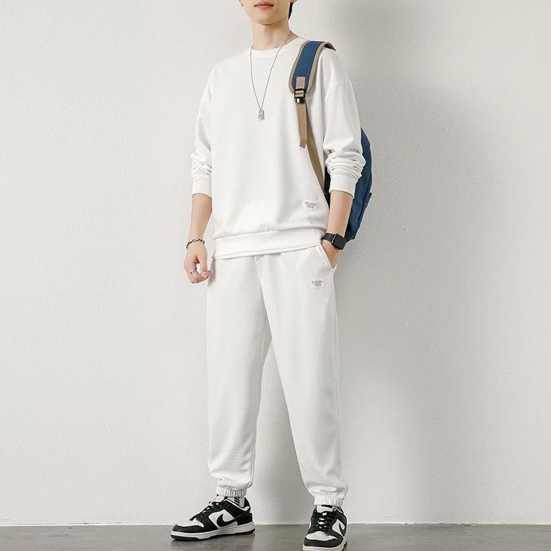 Generic 2023 new casual sports sweater suit mens autumn and winter New Hong Kong style loose waffle round neck sweater Blue - Image 5