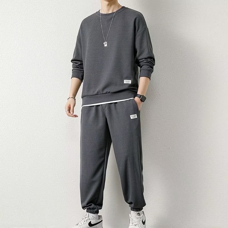 Generic 2023 new casual sports sweater suit mens autumn and winter New Hong Kong style loose waffle round neck sweater Blue - Image 4
