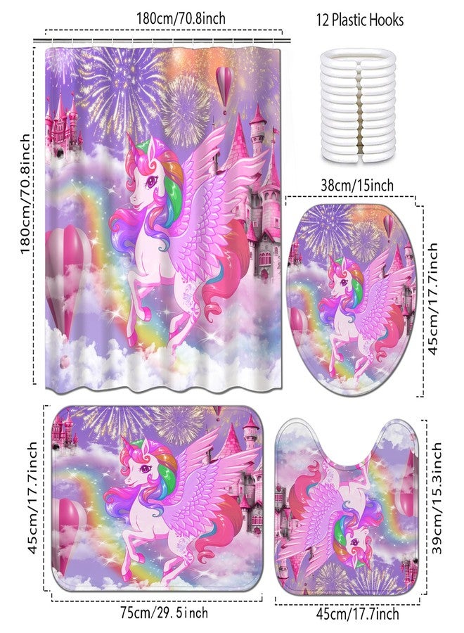 Planially 4Pcs Unicorn Kids Shower Curtain Set with Memory Bath Mat, Non-Slip Bathroom Rugs and Toilet Lid Cover, Waterproof Purple Shower Curtain Set with Hooks, Girls Kids Bathroom Decor Sets - Image 2