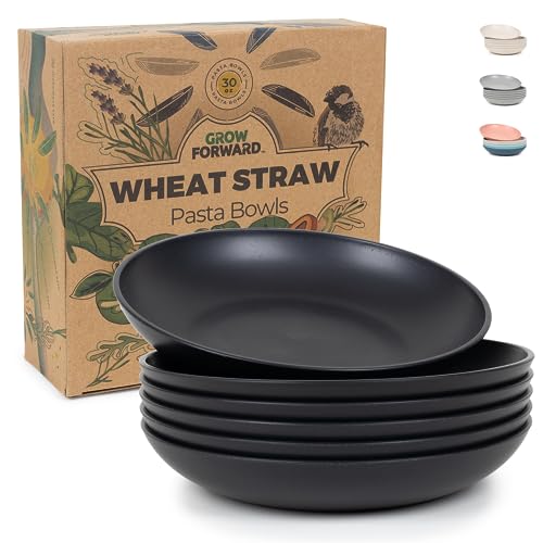 Grow Forward Premium Wheat Straw Pasta Bowls - 30oz Unbreakable Wide & Shallow Dinner Plate Bowls Set of 6 - Microwave Safe Reusable Plastic Pasta Bowls for Kids, Adults, Salad, Camping, RV - Midnight - Image 1