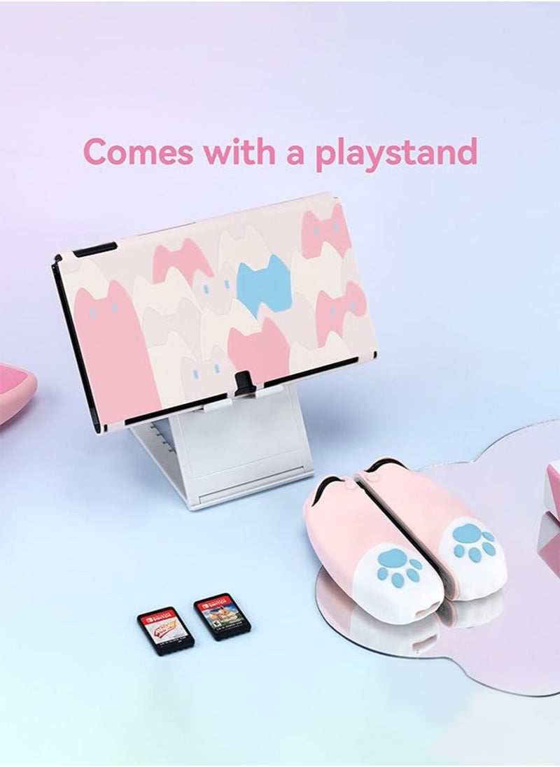 GEEKSHARE - Cat Paw Ergonomic Protective Case Cover Compatible with Nintendo Switch OLED Console and Joy Con, Shock-Absorption and Anti-Scratch Slim Cover Skin for Switch OLED Model（Pink） - Image 1