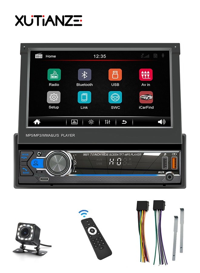 XUTIANZE Electric retractable 7-inch screen touch screen car MP5 player support location to find the car / dual USB port / AUX port / FM radio / seven-color button light / reverse camera - Image 1
