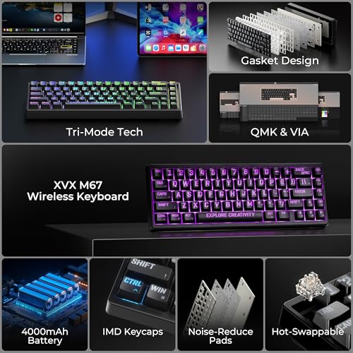 HITIME x XVX M67 Wireless 60% Percent Keyboard, QMK/VIA Topographic Gaming Keyboard, Tri-Mode Thocky Creamy Mechanical Key board, Hot Swappable Gasket Mount RGB IMD Tech for Win/Mac, Miami Theme, Black - Image 2