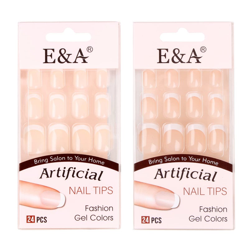 EA 2 Sets 48Pcs French Nail Tips Short Press on Nails with Designs Gel Nail Kit Fake Square Nails with Nail Adhesive Tabs French False Nails Full Cover PressOn Manicure for Women and Girls