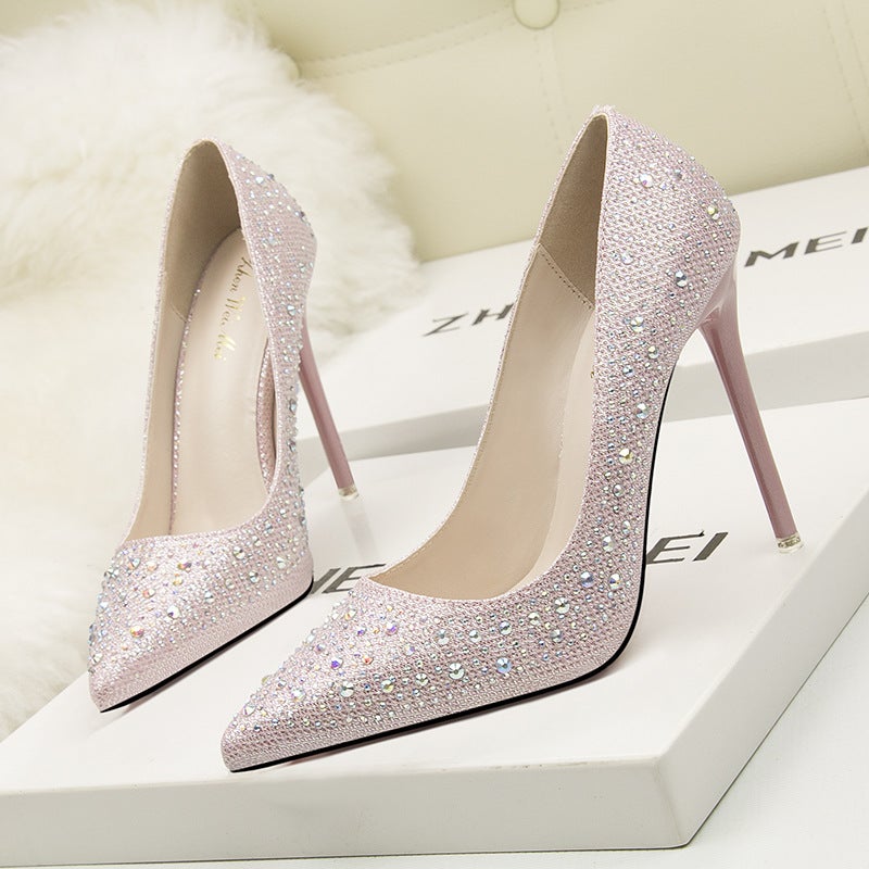 305-1 Korean Fashion Sweet And Elegant Thin Heel High Heel Shallow Mouth Thin Pointed Colored Diamond Rhinestone Wedding Shoes - Image 4