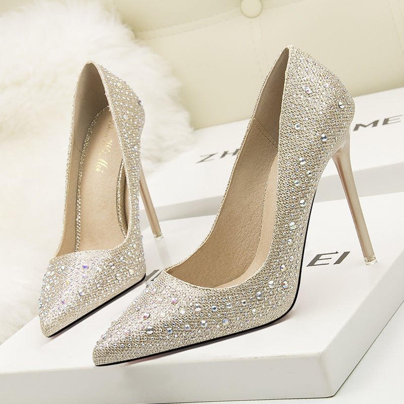 305-1 Korean Fashion Sweet And Elegant Thin Heel High Heel Shallow Mouth Thin Pointed Colored Diamond Rhinestone Wedding Shoes - Image 1