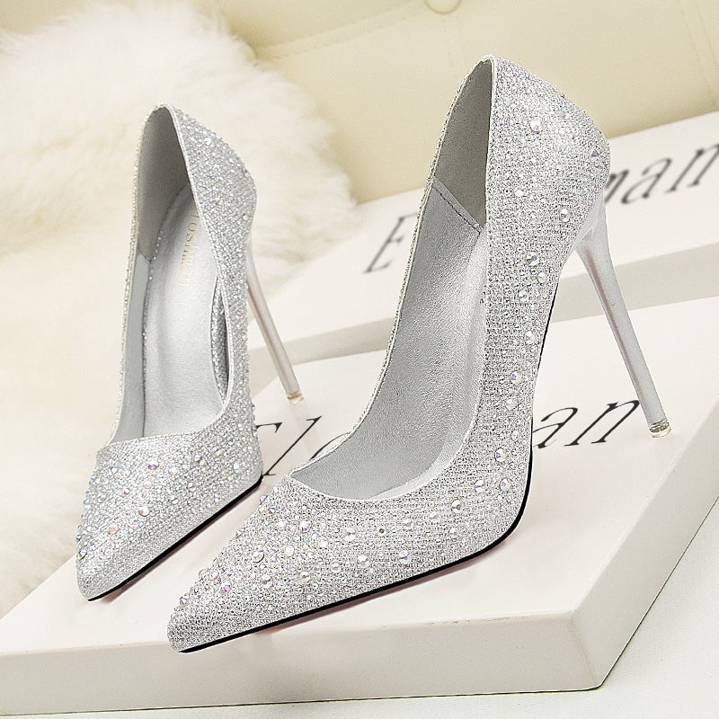 305-1 Korean Fashion Sweet And Elegant Thin Heel High Heel Shallow Mouth Thin Pointed Colored Diamond Rhinestone Wedding Shoes - Image 2