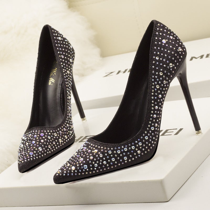 305-1 Korean Fashion Sweet And Elegant Thin Heel High Heel Shallow Mouth Thin Pointed Colored Diamond Rhinestone Wedding Shoes - Image 5