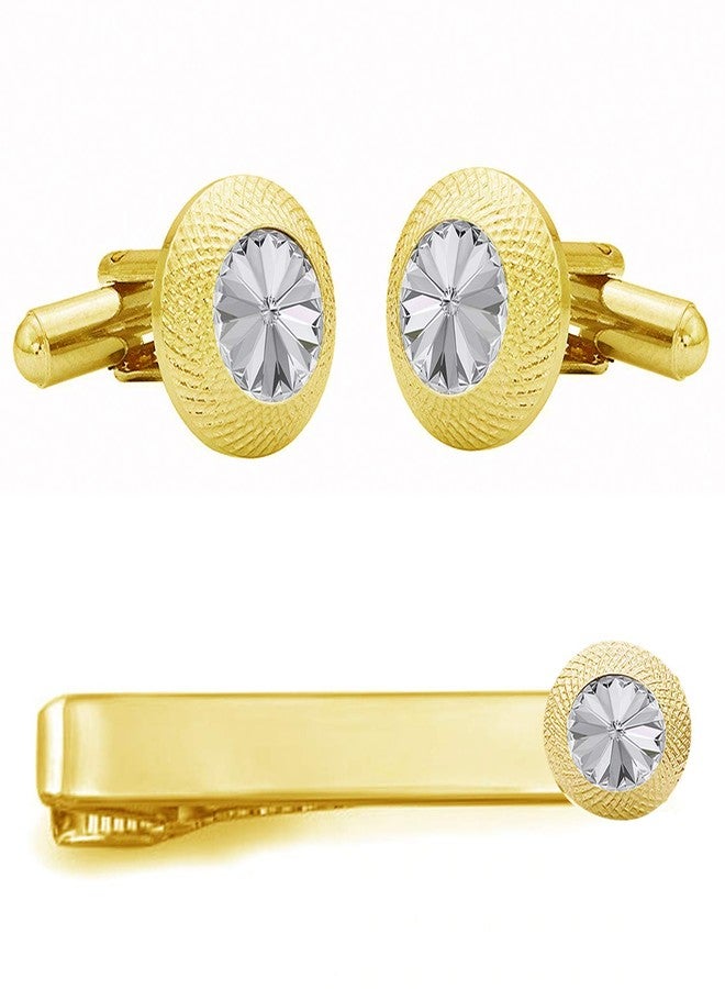Okos Gold Plated Men'S Fashion Jewellery Combo Of White Revoli Studded Cufflink And Tie Pin Set For Office Wear/Casual Wear For Boys And Women CO1000367 - Image 1