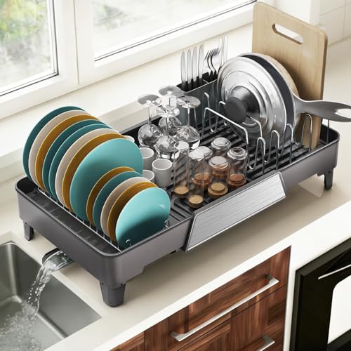 FOXHIVE Large Expandable Dish Drying Rack, Dish Racks for Kitchen Counter, Space Saving & Rust Resistant Dish Drainer with Removable Drainboard & Utensil Holder, Adjustable Length 16.4 to 24.4 Inches - Image 2