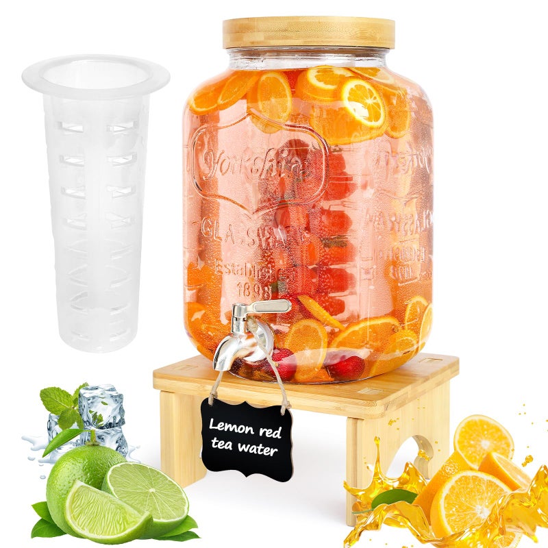 2 Gallon Drink Dispenser with StandGlass Beverage Dispenser With Wood Stand 188 Stainless Steel Spigot and Labels Large Water Drink Dispensers for Parties LemonadeJuice Tea