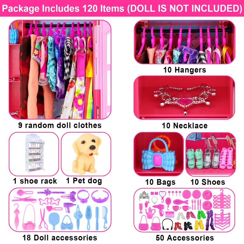 Ecore Fun 120 Pcs Fashion Doll Closet Wardrobe for Clothes and Accessories Storage Include Clothes Dresses Shoes Shoes Rack Bags Necklace Hangers for 115 Inch Girl Doll Clothes - Image 3