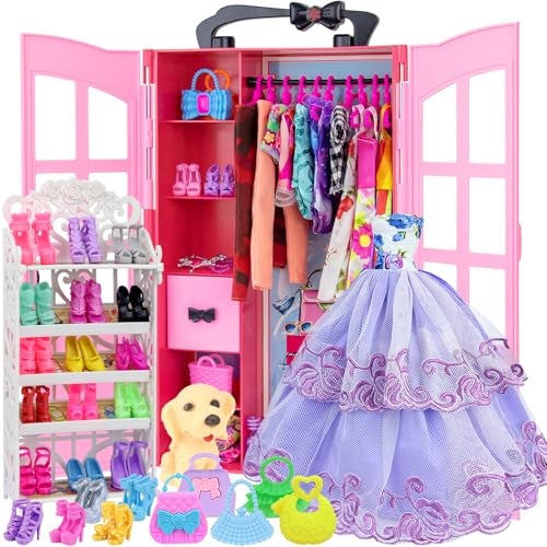 Ecore Fun 120 Pcs Fashion Doll Closet Wardrobe for Clothes and Accessories Storage Include Clothes Dresses Shoes Shoes Rack Bags Necklace Hangers for 115 Inch Girl Doll Clothes - Image 1