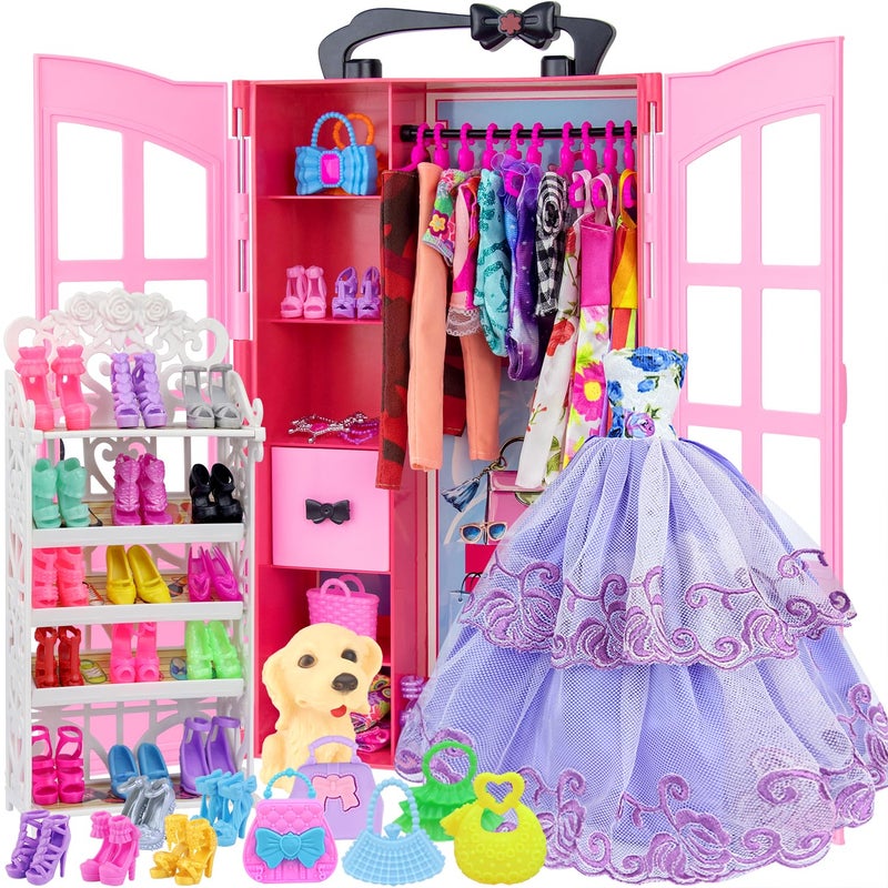 Ecore Fun 120 Pcs Fashion Doll Closet Wardrobe for Clothes and Accessories Storage Include Clothes Dresses Shoes Shoes Rack Bags Necklace Hangers for 115 Inch Girl Doll Clothes - Image 2