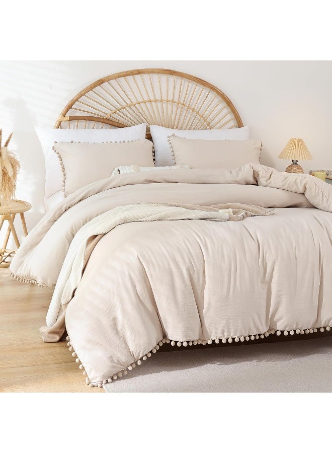 YIRDDEO Beige Queen Ball Pom Fringe Comforter Set 3pcs, Boho Beige Aesthetic Luxurious Queen Bedding Set 3 Pieces, Vintage Ultra Soft Microfiber Comforter Set  - Image 1
