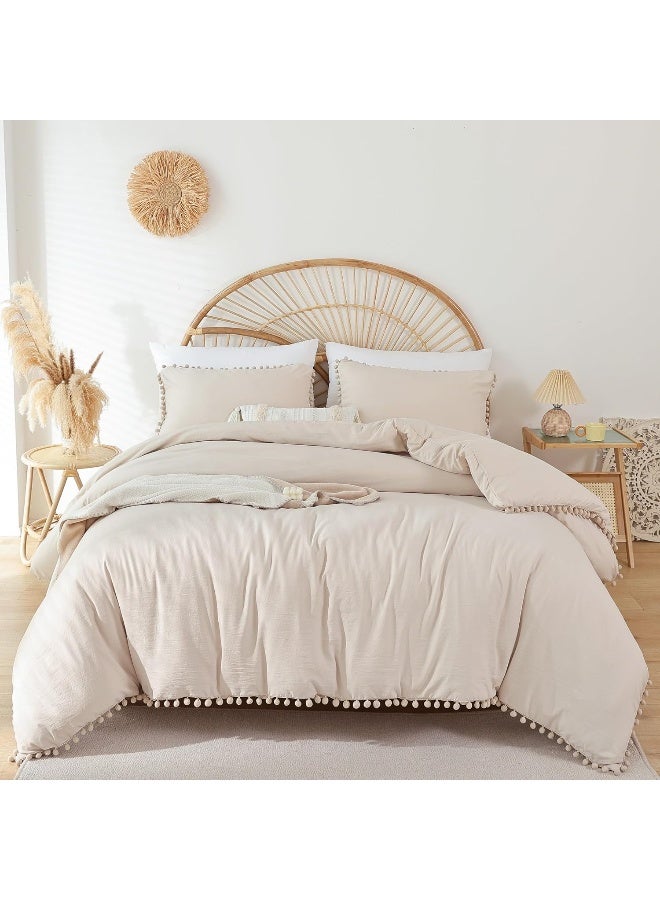 YIRDDEO Beige Queen Ball Pom Fringe Comforter Set 3pcs, Boho Beige Aesthetic Luxurious Queen Bedding Set 3 Pieces, Vintage Ultra Soft Microfiber Comforter Set  - Image 2