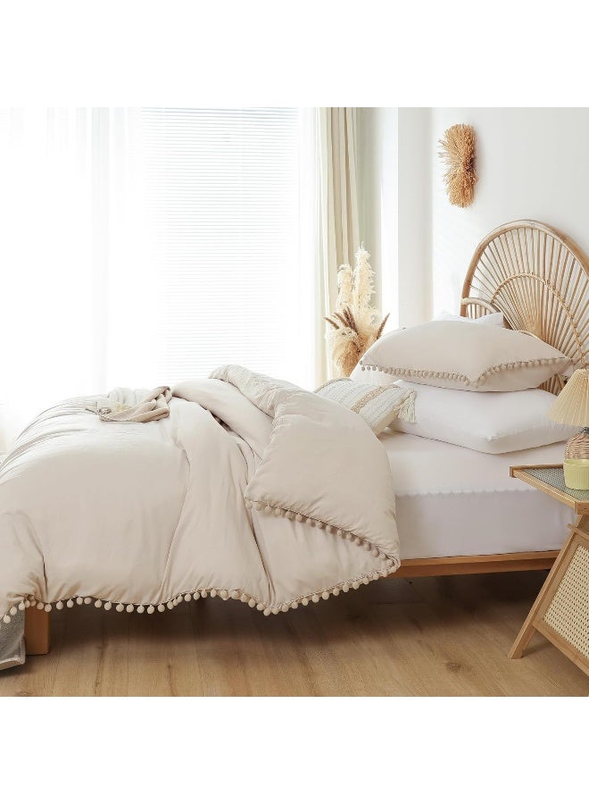 YIRDDEO Beige Queen Ball Pom Fringe Comforter Set 3pcs, Boho Beige Aesthetic Luxurious Queen Bedding Set 3 Pieces, Vintage Ultra Soft Microfiber Comforter Set  - Image 3