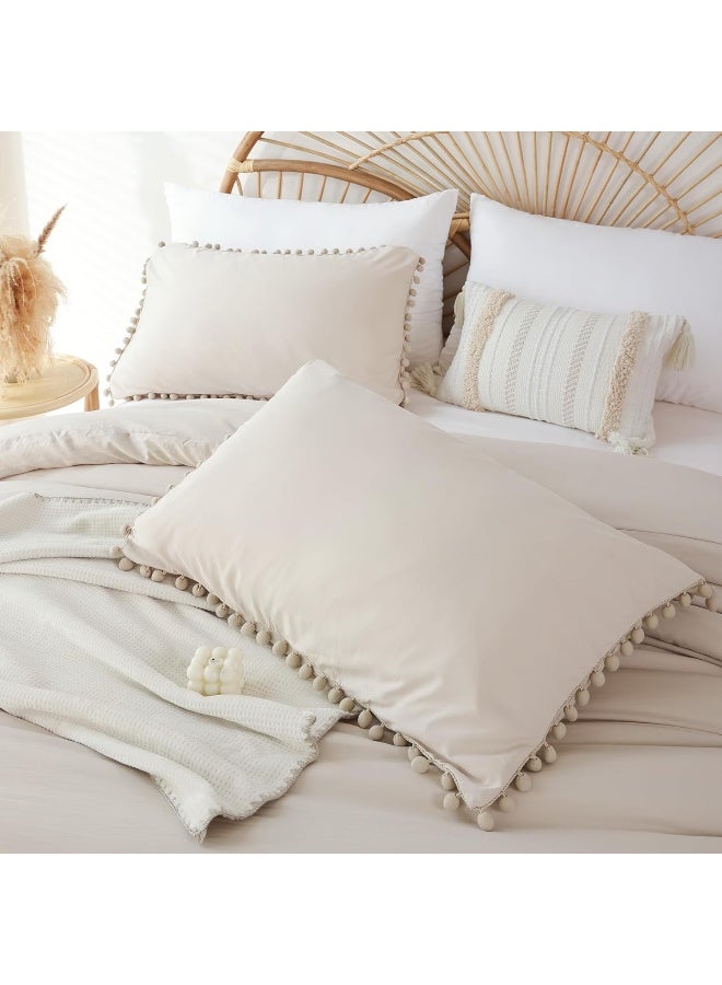 YIRDDEO Beige Queen Ball Pom Fringe Comforter Set 3pcs, Boho Beige Aesthetic Luxurious Queen Bedding Set 3 Pieces, Vintage Ultra Soft Microfiber Comforter Set  - Image 5